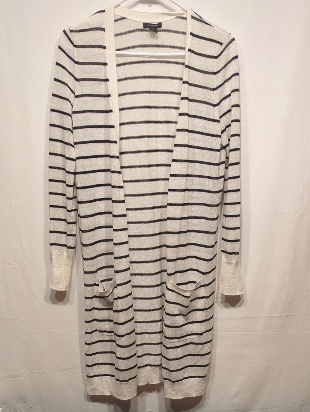 Halogen Striped Long Open-Front Cardigan Sweater - White/Navy